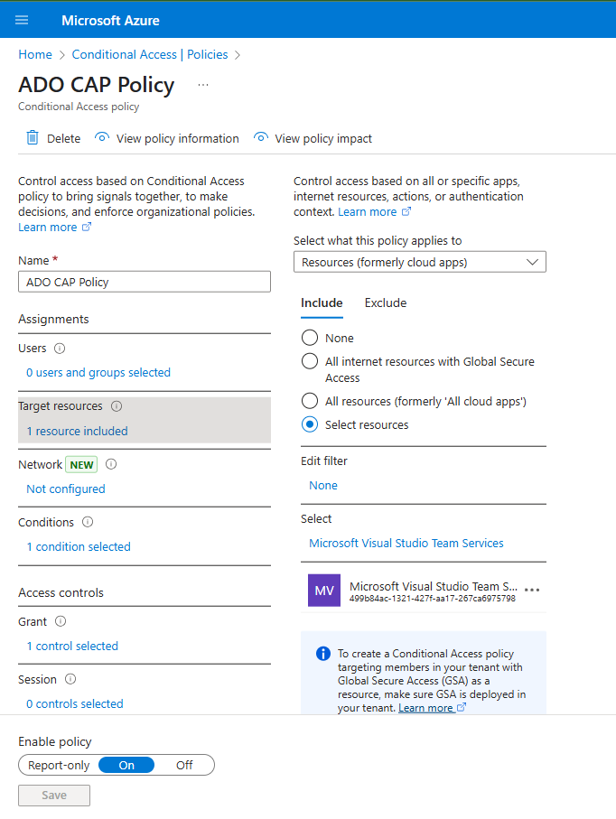 Screenshot of Conditional Access policy targeting Azure DevOps